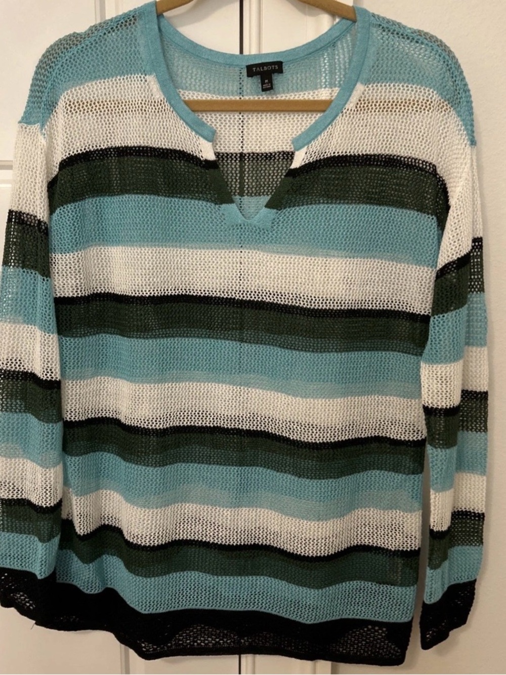 Talbots Aqua White and Navy Striped Open-Knit V-Neck Sweater